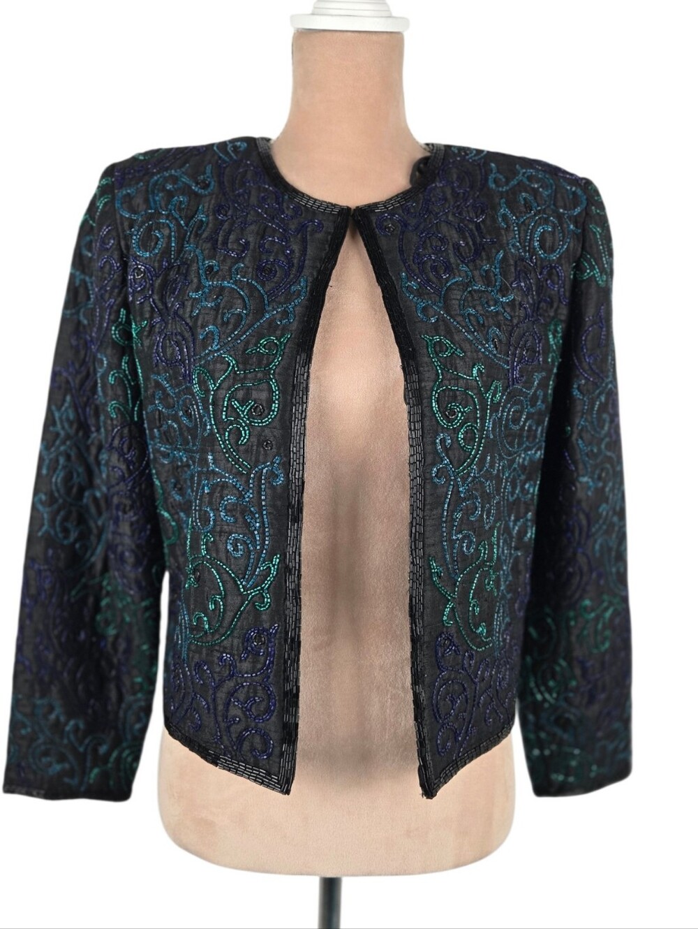 Scala Beaded Embroidered Evening Jacket Silk Lined Cropped Black Small